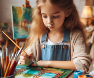 Dziewczynka maluje obrazek farbkami