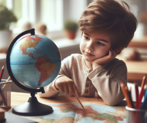 Chłopiec uczący się geografii