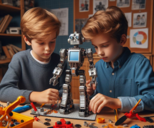 Chłopcy konstruujący robota 