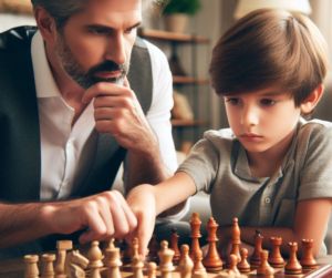 Chłopiec gra z tatą w szachy
